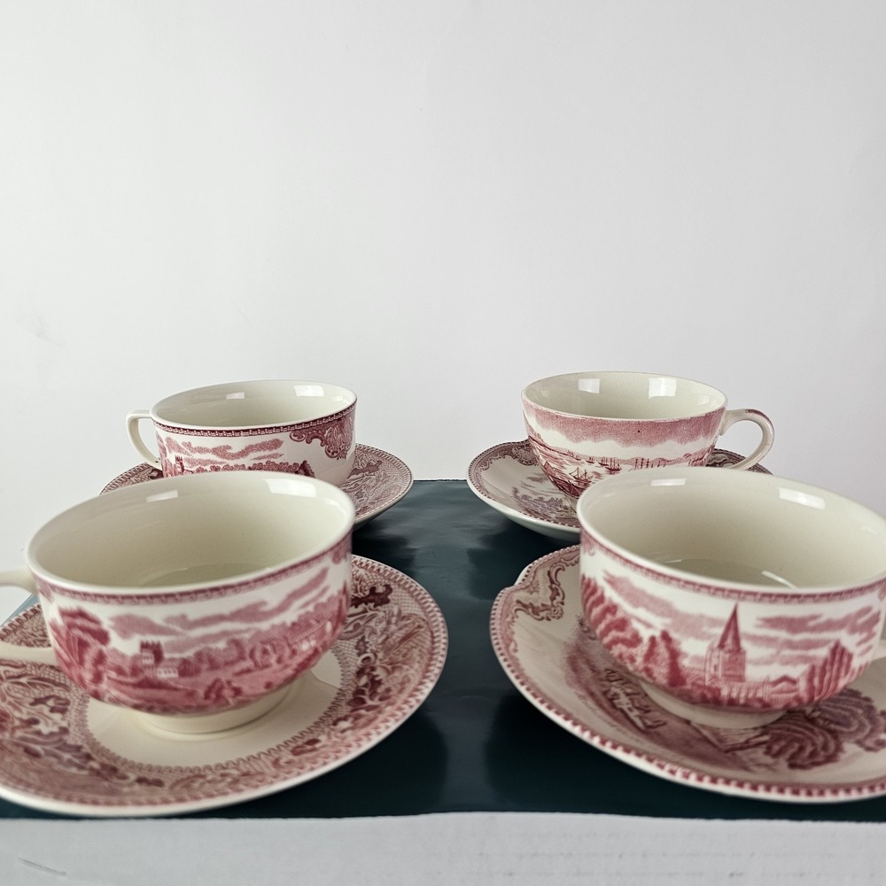 Johnson Bros Historic America Red Tea Cup & Saucer Mix SF Gold Rush Castle 8pc
